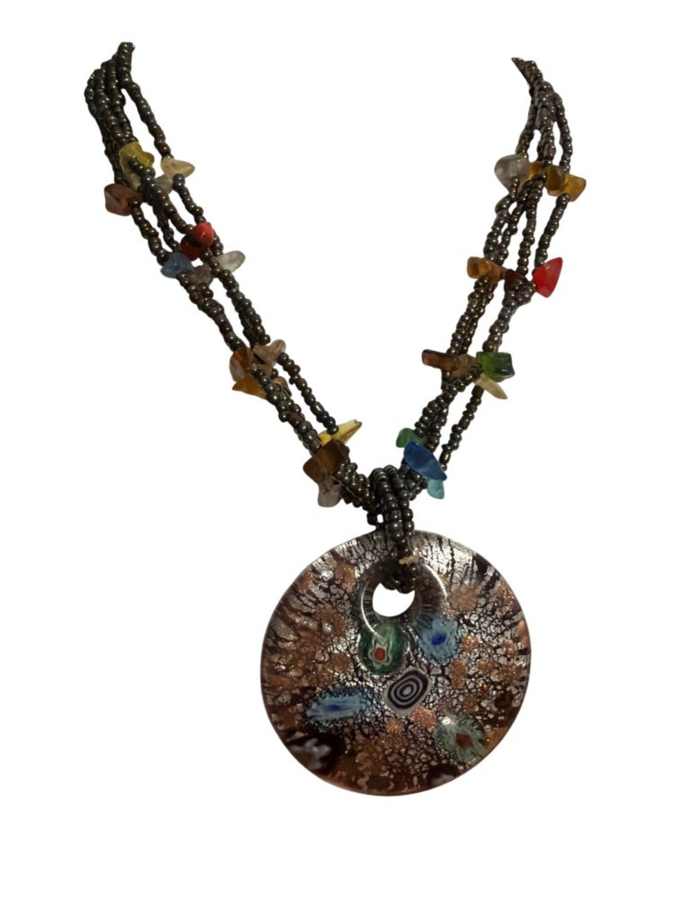 Multicolor Beaded Necklace Glass Stone Dichroic Round Pendant Silver Tone 18.5"